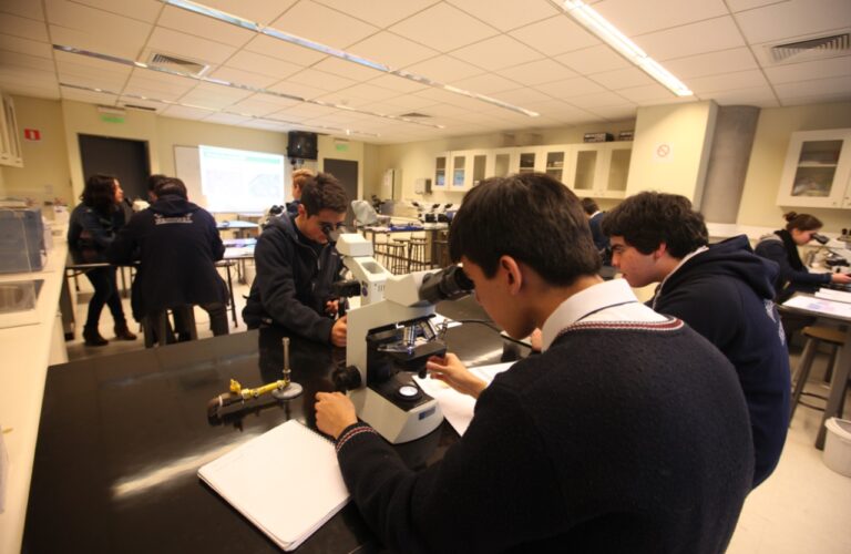 Estudiantes utilizando un microscopio.