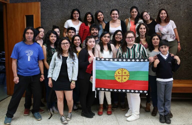 Grupo de estudiantes sosteniendo una bandera mapuche.